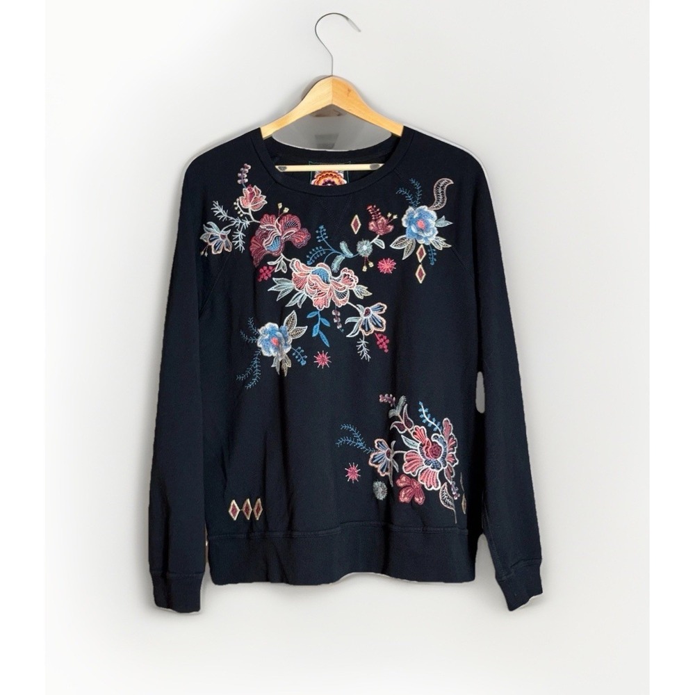 Johnny Was Denali Black Floral Embroidered Sweatshirt Size S Long Sleeve